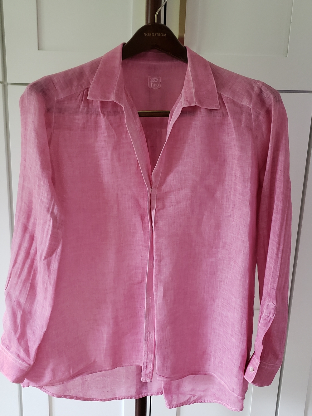 120% Lino Pink Linen Button-Down Womens 48 V-Neck